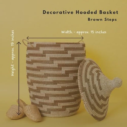 Decorative African Hooded Basket with Lid and Handles, 15" Wide, 19" Tall (Brown White) - color: Brown White