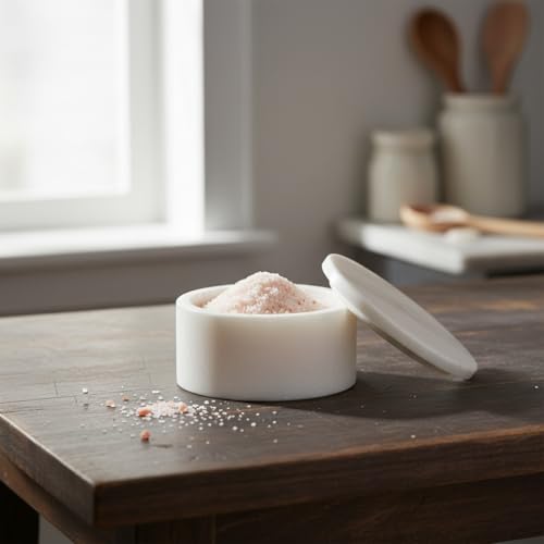 Queenza White Marble Salt Cellar with Lid – Handmade 3 Inch Marble Salt Bowl, Kosher Salt Keeper, Spice & Herb Container