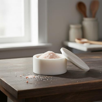 Queenza White Marble Salt Cellar with Lid – Handmade 3 Inch Marble Salt Bowl, Kosher Salt Keeper, Spice & Herb Container