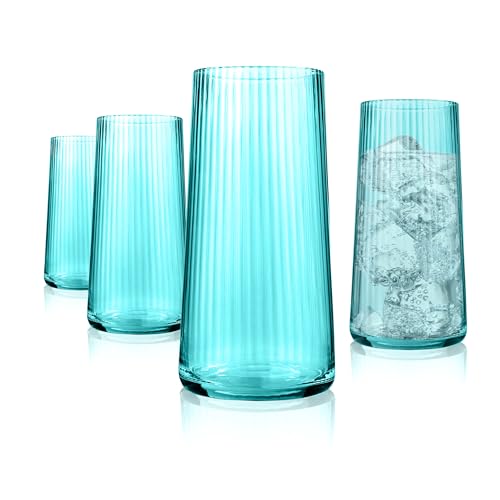 ARTLAND Soho Optic 16 Piece Glassware Set - Durable Glasses for Every Occasion - Champagne, Double Old Fashion, Goblet, Highball Glasses, Barware Essentials for Entertaining & Gifting (Turquoise) - color: Light Turquoise, style: 16-Piece Glassware Set