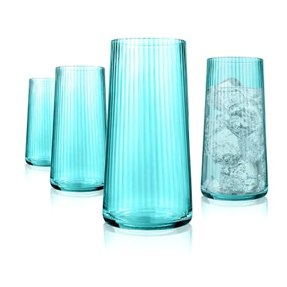 ARTLAND Soho Optic 16 Piece Glassware Set - Durable Glasses for Every Occasion - Champagne, Double Old Fashion, Goblet, Highball Glasses, Barware Essentials for Entertaining & Gifting (Turquoise) - color: Light Turquoise, style: 16-Piece Glassware Set