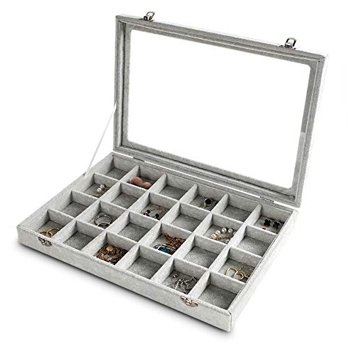 24 Grid Jewelry Tray with Clear Lid, Velvet Earring Organizer | Drawer Jewelry Organizer for Rings Studs Brooch,Adjustable Divider,Dustproof Design,Earring Storage,Trinket Box,13.8×9.5Inch - color: Grey, size: 24 Slots