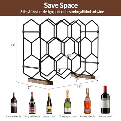 Nuovoware Countertop Wine Rack, 14-Bottle, 3 Tier, Black+Brown | Wine Bottle Organizer Storage, Freestanding Modern Carbon Steel Holder, Hexagonal Structure, for Cabinet, Pantry