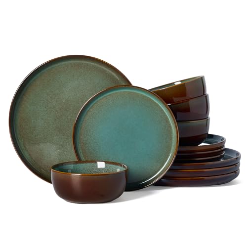Famiware Milkyway 12-Piece Stoneware Dinnerware Set, Moss Green & Cocoa | Plates and Bowls for 4, Handmade Reactive Glaze Dish Set, Microwave & Dishwasher Safe, Chip & Scratch Resistant - color: Moss Green & Cocoa, size: Service for 4 (Standard Dinner Set