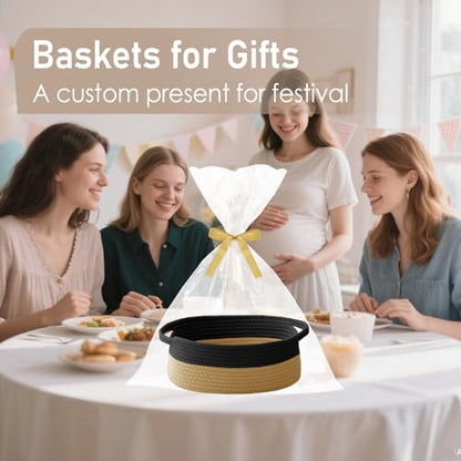 JMvicyroam Small Woven Basket, Empty Gift Basket, Black&Jute/2 Pack | Small Gift Basket, Cotton Rope, 12 x 8 x 82 in, Handles, Includes Ribbon and Bag, Birthday Gift Basket - color: Black&Jute, size: 2 Pack