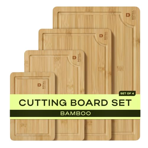 ROYAL CRAFT WOOD Wooden Cutting Boards for Kitchen Meal Prep & Serving - Bamboo Wood Serving Board Set with Deep Juice Groove Side Handles - Charcuterie & Chopping Butcher Block for Meat - color: Natural, size: 4-Piece