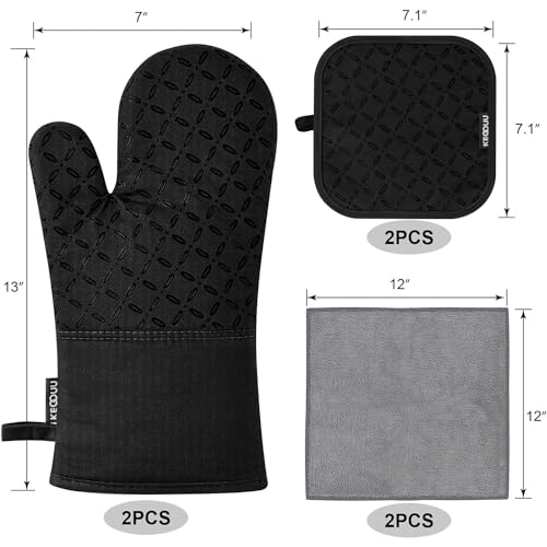 KEGOUU Oven Mitts and Pot Holders 6pcs Set, Kitchen Oven Glove High Heat Resistant 500 Degree Extra Long Oven Mitts and Potholder with Non-Slip Silicone Surface for Cooking (Black) - color: Black