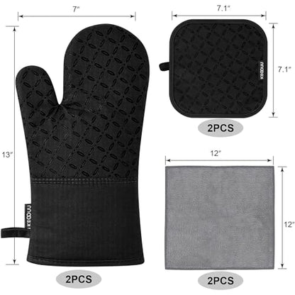 KEGOUU Oven Mitts and Pot Holders 6pcs Set, Kitchen Oven Glove High Heat Resistant 500 Degree Extra Long Oven Mitts and Potholder with Non-Slip Silicone Surface for Cooking (Black) - color: Black