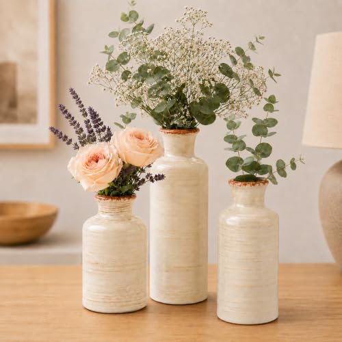 Ceramic Vases Set of 3, White Modern Rustic Home Decor Flower Vases | Farmhouse Ceramic Vases for Farmhouse, Horizontal Stripes Nordic Vases for Home Décor, Table Decor, Entryway, Shelf, Mantel - color: White