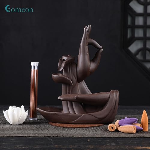 Comeon Backflow Incense Holder Burner Handmade Ceramic Lotus | Handmade Ceramic Lotus Design, Holds Incense Cones and Sticks, Includes 10 Backflow Incense Cones Perfect Home Decor