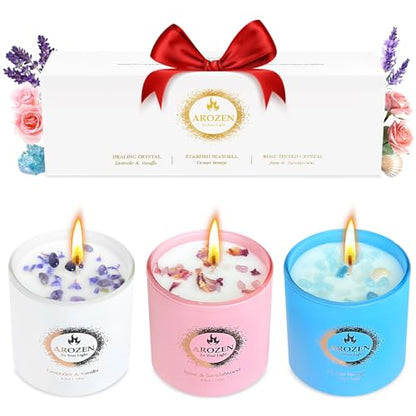 3 Pack Scented Candles Gift Set for Women – Lavender, Ocean, Rose Soy Candles with Crystals & Seashells, 70-Hour Total Burn Time, Aromatherapy Candle Set for Home Decor, Mother’s Day Birthday - size: 3 Pack