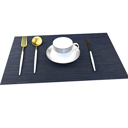 Placemats for Dining Table Woven Vinyl Place Mats Wipe Off Plastic Placemats Stain Resistant Table Mats Set of 6 （Bamboo Navy） - color: Bamboo Navy, size: placemats set of 6