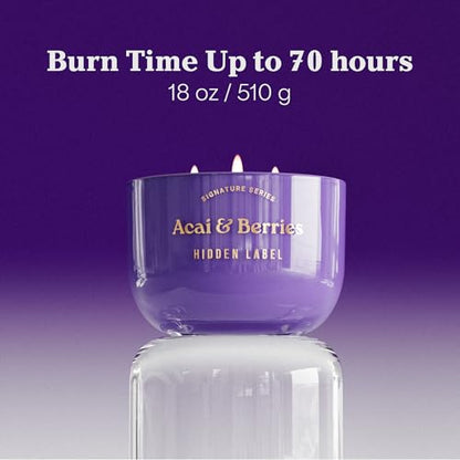 Hidden Label Acai Berries Candle, 18oz Soy 3-Wick, 70H Aromatherapy | Purple Gradient Decor | Triple Cotton Even Melt | Non Toxic Plant Wax | Mood Boost Energy | Gift Ready Gold Lid - color: Acai & Berries