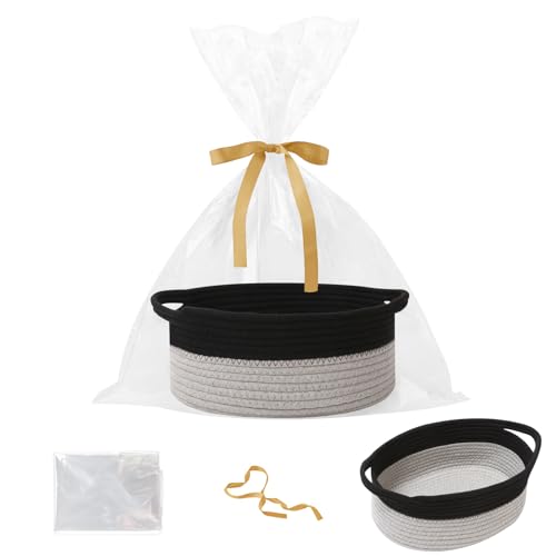 Woven Rope Basket - Baby Gift Basket with Bag & Ribbon, Black&Grey | Cotton rope with handle, 12 x 8 x 5 in, gift bag and ribbon, for baby shower, birthday, toy storage, nursery, shelf decor - color: Black & Grey