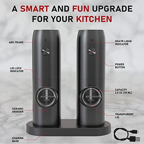 Electric Salt and Pepper Grinder Set of 2, Automatic Pepper Mill,USB Rechargeable, Adjustable Coarseness, One-handed Operation, Ceramic Burr,Refillable, Auto Grinders with Charging Base LED Light