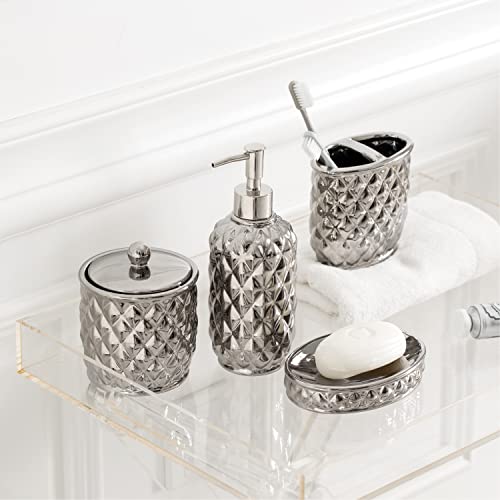Bathroom Accessories Set, 4-Piece Ceramic Bath Accessory Complete Set with Lotion Dispenser/Soap Pump, Cotton Jar, Soap Dish and Toothbrush Holder (Pineapple Pattern, Silver Grey)