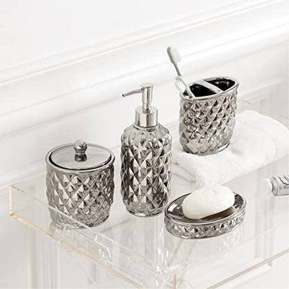 Bathroom Accessories Set, 4-Piece Ceramic Bath Accessory Complete Set with Lotion Dispenser/Soap Pump, Cotton Jar, Soap Dish and Toothbrush Holder (Pineapple Pattern, Silver Grey)