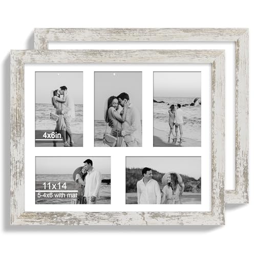 Hongkee 11x14 Picture Frame Set of 2, Distressed White Wood Frame with Real Glass Collage Picture Frames, Display Pictures Five 4x6 With Mat or 11 x 14 Without Mat, Photo Frames Wall Gallery - color: Distressed White, size: 11x14 in matted to 5-4x6