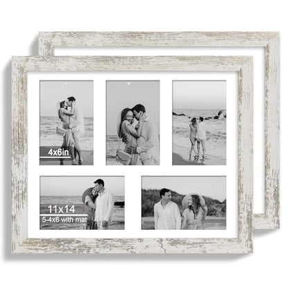 Hongkee 11x14 Picture Frame Set of 2, Distressed White Wood Frame with Real Glass Collage Picture Frames, Display Pictures Five 4x6 With Mat or 11 x 14 Without Mat, Photo Frames Wall Gallery - color: Distressed White, size: 11x14 in matted to 5-4x6