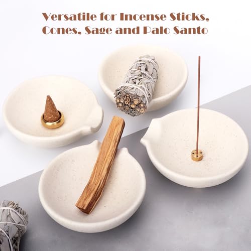 Incense Holder for Sticks Cones Tealight Candles Bricks Sage Palo Santo Multifunctional Incense Burner Bowl with Brass Holders Ceramic Incense Stick Holder with Ash Catcher - size: 4'' Ceramic Bowl & Holders