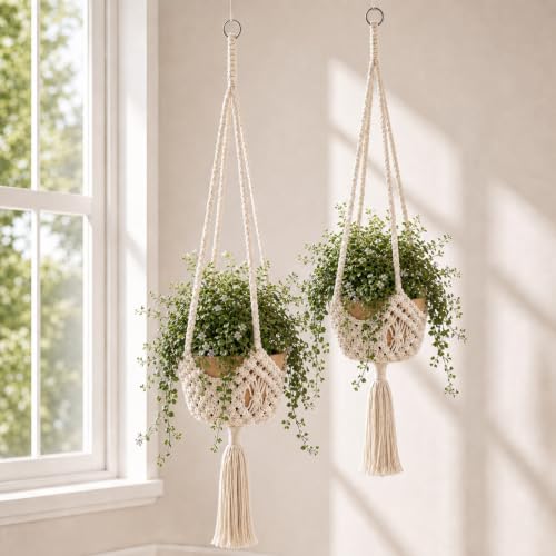 Shappy 2 Pack Boho Macrame Plant Hanger, Large Hanging Planter Plant Holder Pot Hanger Hanging Basket Wall Planters, Plants Lover Gift for Indoor Garden (Spiral Knot,White) - color: White, size: Style D