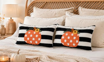 Embroidery Fall Pumpkin Pillow Covers Set of 2(Black & White,12x20) | Soft chenille, black-and-white stripe design, applique pumpkin and sunflower embroidery, hidden zipper, for sofa and bed - size: 20" x 12" (Pack of 2)