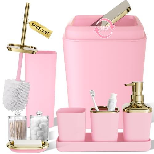 XLHOMO Bathroom Set, 9PC Bathroom Accessory Set, Pink Bathroom Accessories, Pink Bathroom Set, Trash Can, Soap Dispenser for Home Decor - color: Pink and Gold, size: Bathroom Set