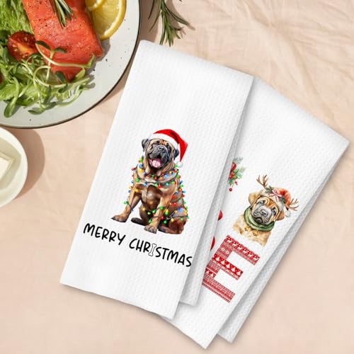 Christmas Mastiff Kitchen Dish Towels 2 Pack - Mastiff Dog Lover Gift, Waffle Weave Christmas Hand & Tea Towels for Kitchen Bathroom, 16x24 Inches - color: Mastiff Christmas