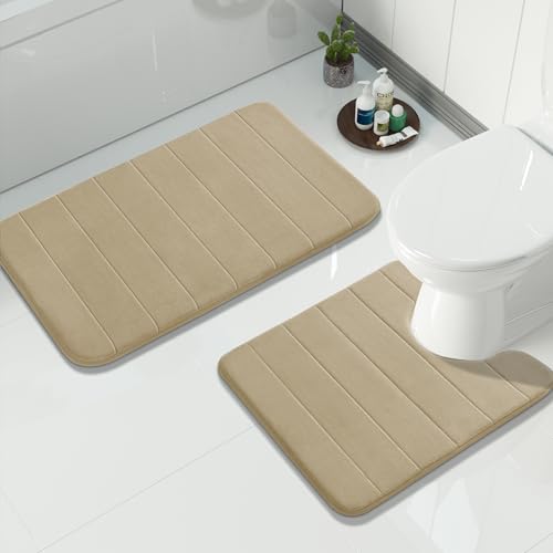 Yimobra Memory Foam Bath Mat Set 2 Piece - Super Soft Absorbent Quick Dry Bathroom Toilet Rugs, Machine Washable Non Slip Floor Carpet for Tub Shower & Single Sink (31.5x20 & 24x20, Pale Khaki) - color: Pale Khaki, size: 31.5x20+24x20 Inch