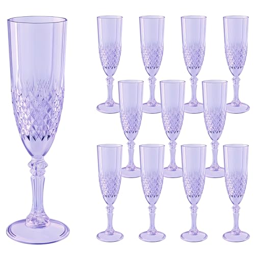 12 Pack Plastic Champagne Flutes, Purple Reusable Champagne Glass | Unbreakable Hard Plastic Mimosa Cups Bulk with Stem, Fancy Stemware for Wedding, Party & NYE Celebration - color: Purple
