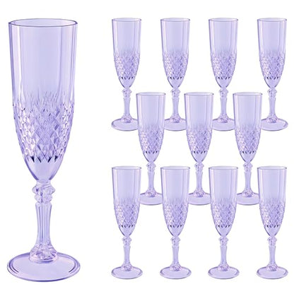 12 Pack Plastic Champagne Flutes, Purple Reusable Champagne Glass | Unbreakable Hard Plastic Mimosa Cups Bulk with Stem, Fancy Stemware for Wedding, Party & NYE Celebration - color: Purple