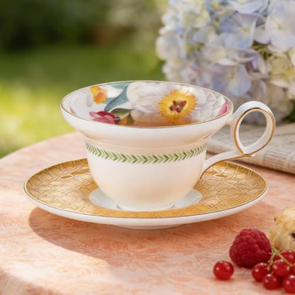 KAMMAK Tea Cups Set of 2,Ceramic Floral Pattern Demitasse Cup | Porcelain Espresso Cup with Saucer, 5.92 oz Handmade Elegant Bone China Tea Cups for Latte, Americano, Cappuccino - color: Vine (B.Purple+C.Yellow)