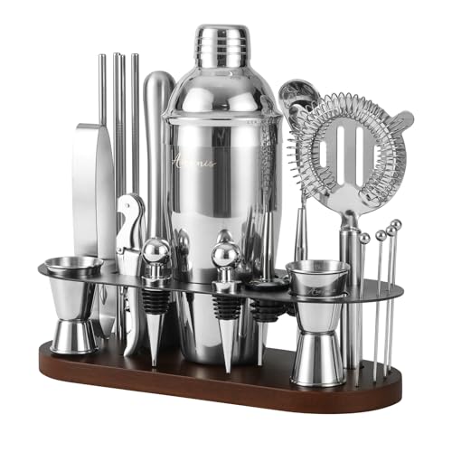 23-Piece Cocktail Shaker Set with Stand, 304 SS, Bartender Kit Gift | Complete Home Bar Set: Leak-proof Shaker, Jigger, Muddler, 18/8 Steel, Gift for beginners, cocktail lovers & house parties - color: chocolate-y