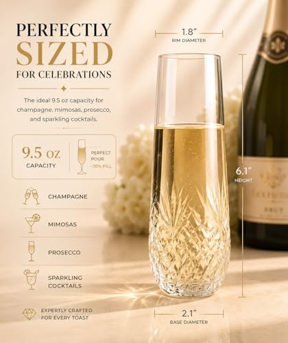 SHOSHIN Hand-Cut Crystal Stemless Champagne Flutes Set of 4, Handmade Mimosa & Sparkling Wine Glasses, 9.5 oz Toasting Glasses with Artisan Agave Pattern, Gift Box Included - color: Agave