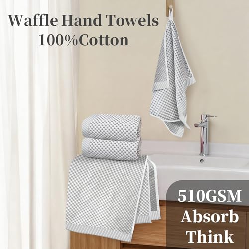 VOOVA & MOVAS Waffle Bathroom Hand Towels 4PC 20"x30", 100% Cotton | Luxury Texture, Quick Dry, Lightweight, Durable, with Hanging Loop, Essential Bathroom Supply, White and Gray Waffle Design - color: White + Gray, size: 4PC Hand Towels
