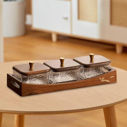 Divided Serving Tray with Lid, Made of Glass and Wood, Snack Bowl with Compartments for Fruit, Nuts, and Sweets. and Practical for Kitchen, of, 3 Compartments - size: 3 Compartments