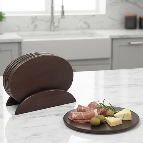 Woodard & Charles Wood 6 Serving Boards with Stand, 7 Pc Set, Walnut Stain | Six Wood Serving Boards on a Display Stand; Serve Sushi, Cheese, Charcuterie, Appetizers and Small Bites for Any Party - color: Walnut, size: 7 Piece Set