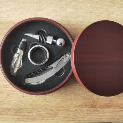 Premium Wine Tool Set with Stainless Steel Bottle Opener, Corkscrew, and Accessories in Elegant Circular Wood Case