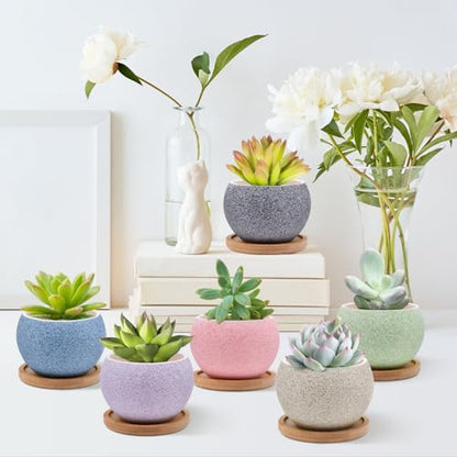6 Pack Ceramic Succulent Pots with Drainage – Small Round Planters for Indoor Plants & Cactus, Mini Flower Pots with Bamboo Trays, Desk & Home Décor, Gift for Plant Lovers, Office, Balcony, Garden - style: Round