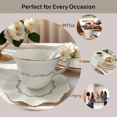 Tea Cup and Saucer Set for 1, Ceramic, White, 6.8 Oz | Coffee Cup with Saucer and Spoon, Elegant Design, 3D relief patterns, Gold Trim, Protective Packaging, Ideal for Gift - color: Elegant