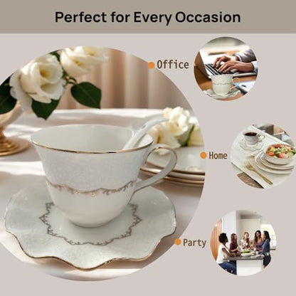 Tea Cup and Saucer Set for 1, Ceramic, White, 6.8 Oz | Coffee Cup with Saucer and Spoon, Elegant Design, 3D relief patterns, Gold Trim, Protective Packaging, Ideal for Gift - color: Elegant
