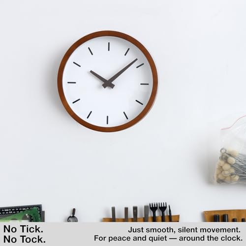 Driini Modern Mid Century Wood Analog Wall Clock (12") - Battery Operated with Silent Sweep Movement - Small Decorative Wooden Clocks for Bedrooms, Bathroom, Kitchen, Living Room, or Office - size: 12"