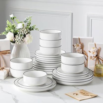 MALACASA Plates and Bowls Sets, 24 Pieces Modern Porcelain Dinnerware Set for 8 White Kitchen Dinner Dining Ware Set wtih Black Rim Ceramic Dishware Dishes Microwave and Dishwasher Safe, Series LUNA | Modern Ceramic Dishware Set,Kitchen Dining Ware,Microw