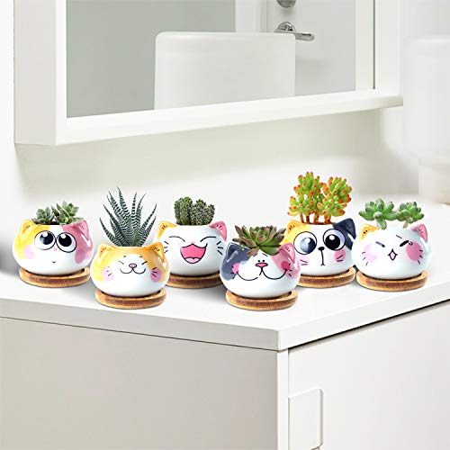 3.6Inch Cat Pot for Plant, Cat Planter Succulent Pot with Drainage Set of 6 | Tiny Animal Planter, Small Ceramic Air Plant Cat Flower Pots, Cactus Planters Containers with Bamboo Tray - color: Sitting Cats 6pcs