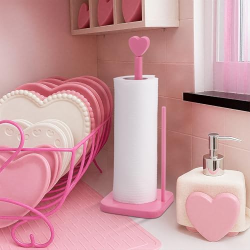 Leinuosen Valentines Day Pink Heart Paper Towel Holder Cute Heart Wooden Paper Towel Holder Pink Bathroom Countertop Accessories Kitchen Roll Stand Organizer Standing Apartment Decor Housewarming Gift - style: Heart