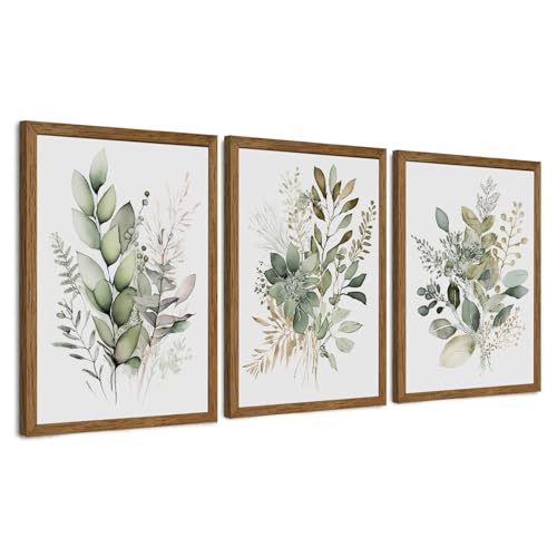 AVECCO 3 Pieces Green Watercolor Botanical Framed Canvas Wall Art 12x16 in | UV Fade-Resistant Ink, Giclee Print, Wooden Frame, Triptych Sage Green Leaf, Ready to Hang, Living Room Bedroom Decor - color: Sage Green Plant, size: 16"L x 12"W