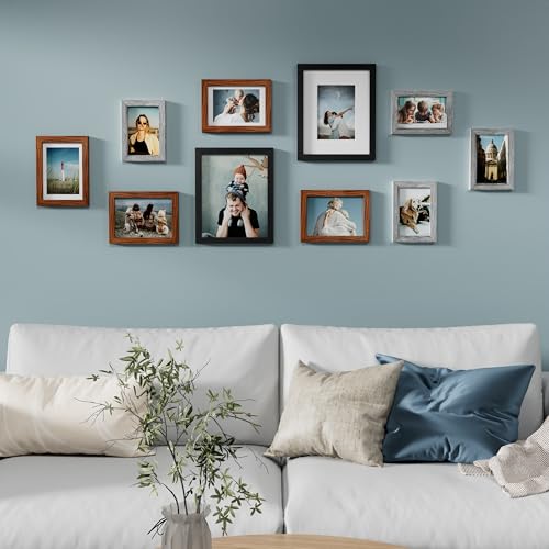 Vittanly 10 Pack Gallery Wall Frame Set, Black, Walnut Brown, Grey | Gallery Wall Frame Set: 2pcs 8x10, 4pcs 5x7 & 4pcs 4x6 Photos for Wall & Table, Picture Frames made of Engineered Wood - color: Black & Walnut Brown & Grey
