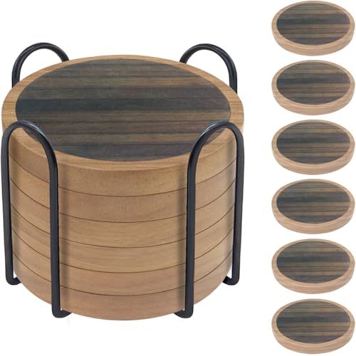 6 Pack Absorbent Coasters Set with Holder Wood Coasters for Drinks Housewarming Gifts for Home Decoration Cup Coasters for Coffee Tabletop Protection 4.3 Inch - color: #6 Wood-textured Patterns