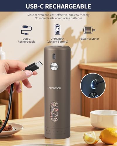 CIRCLE JOY Rechargeable Electric Salt and Pepper Grinder Set with Base, Automatic Pepper Mills with 110ml Container, External Adjustable Coarseness, White Led Light and One-Handed Operation, Brown - color: Brown