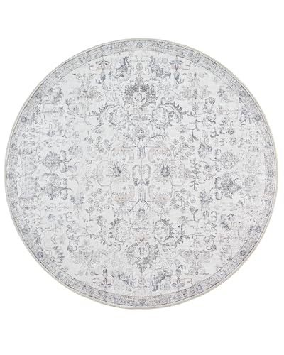 jinchan 5ft Vintage Floral Round Rug, Circle Washable Rug, Grey | Distressed Floral Design, Soft Low Pile Surface, Non Slip, Easy Care, Pet Friendly, Living Room Dining Room Home Office - color: Distressed Grey Multi, size: 5' (Round)
